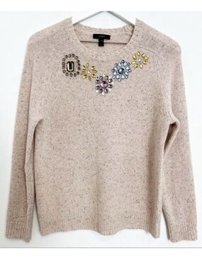 J Crew Sweater Size‎ XXS Beige Jeweled Donegal Lambswool Coquette Holiday Prep